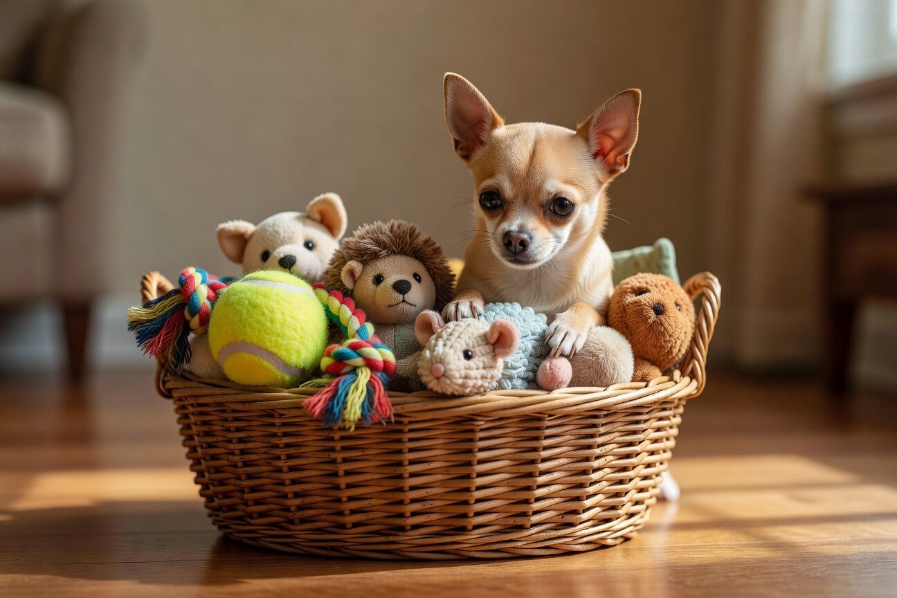 Chihuahua looking into basket of toys