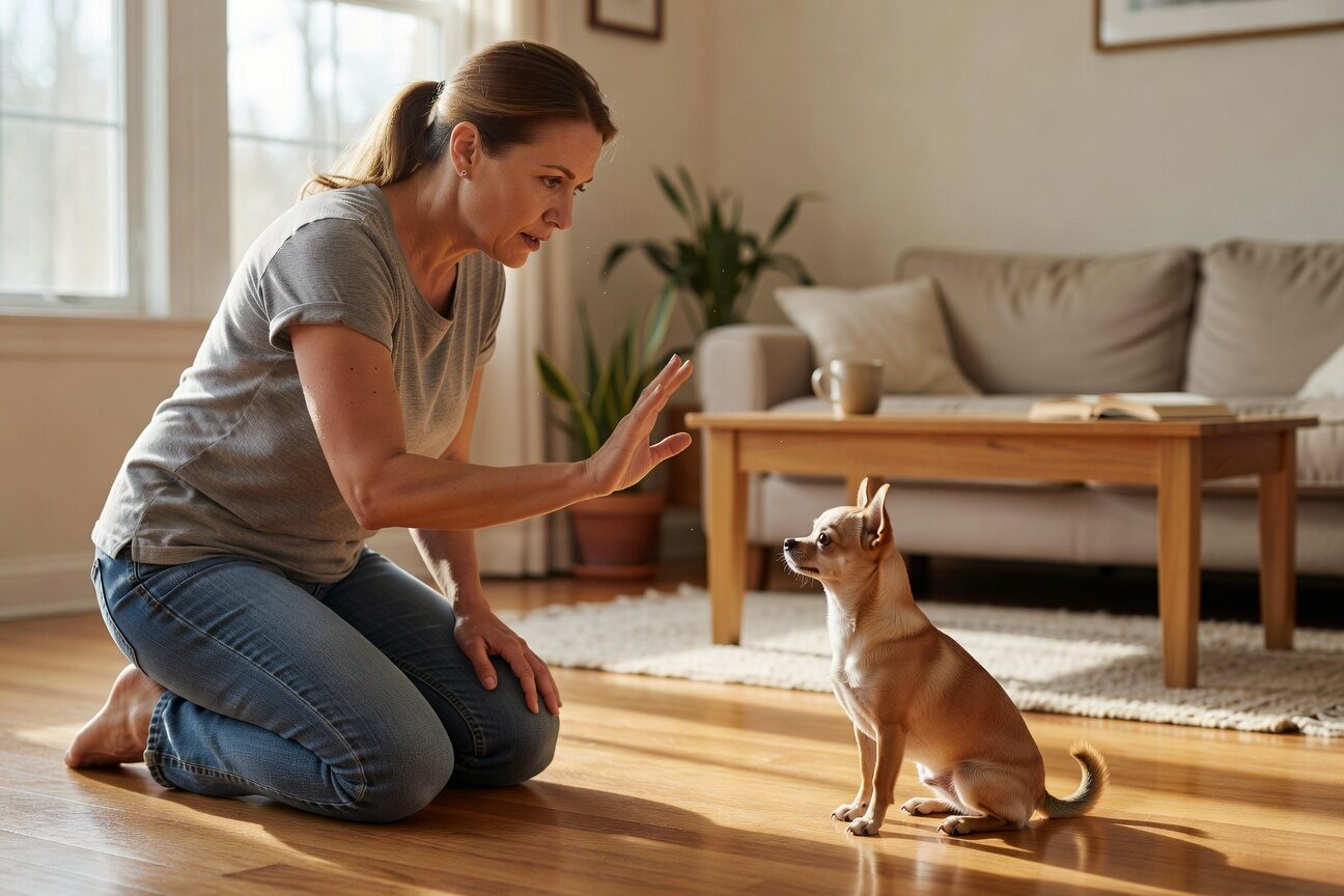 Owner training chihuahua with hand signals