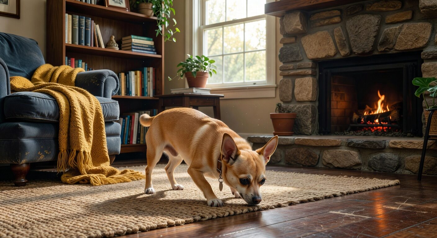 Chihuahua on indoor treasure hunt for treats
