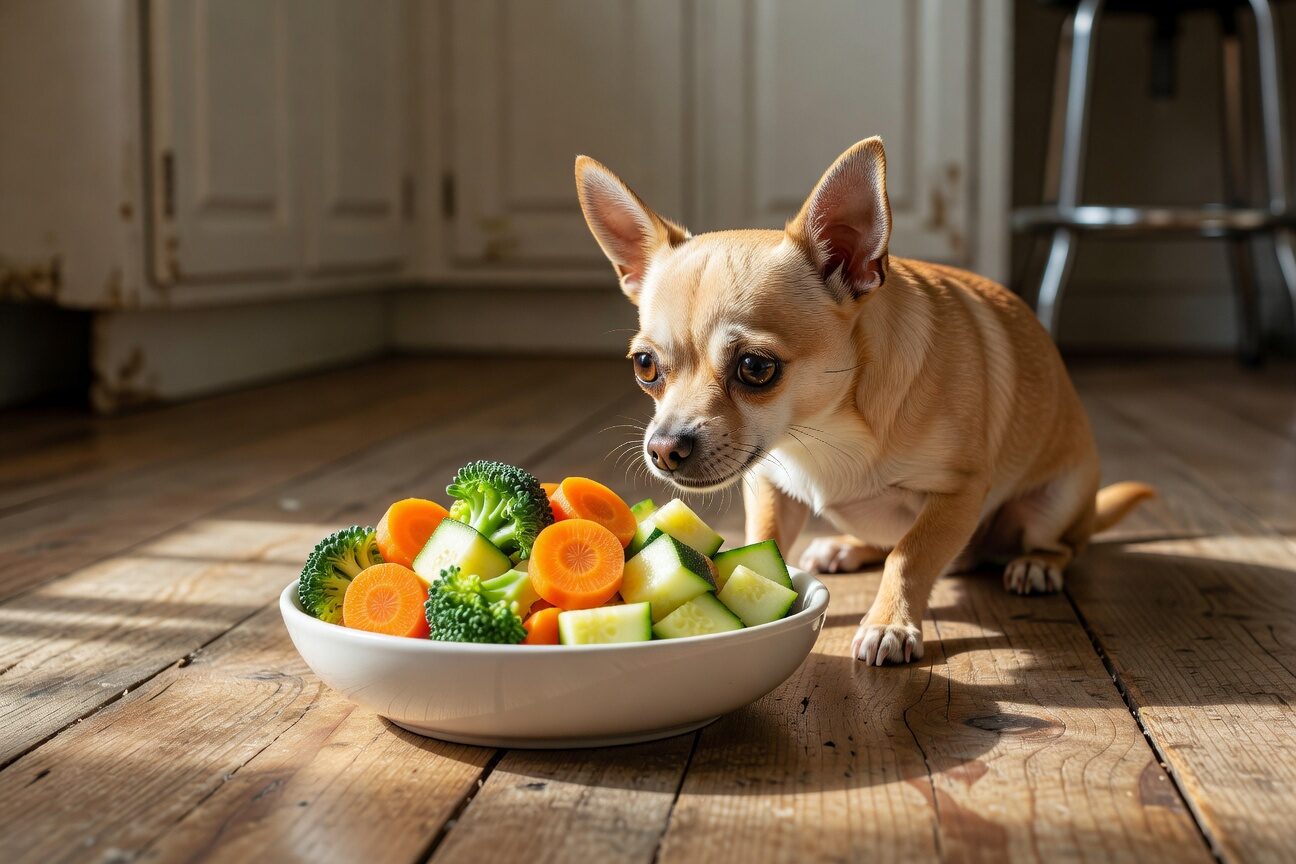 Bowl of safe vegetables for chihuahua