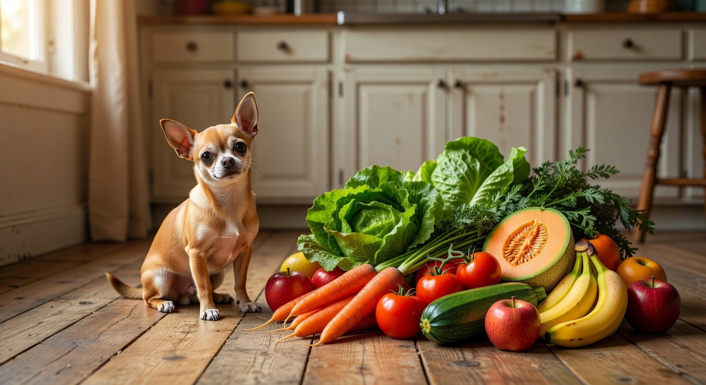 Chihuahua next to healthy vegetables in kitchen