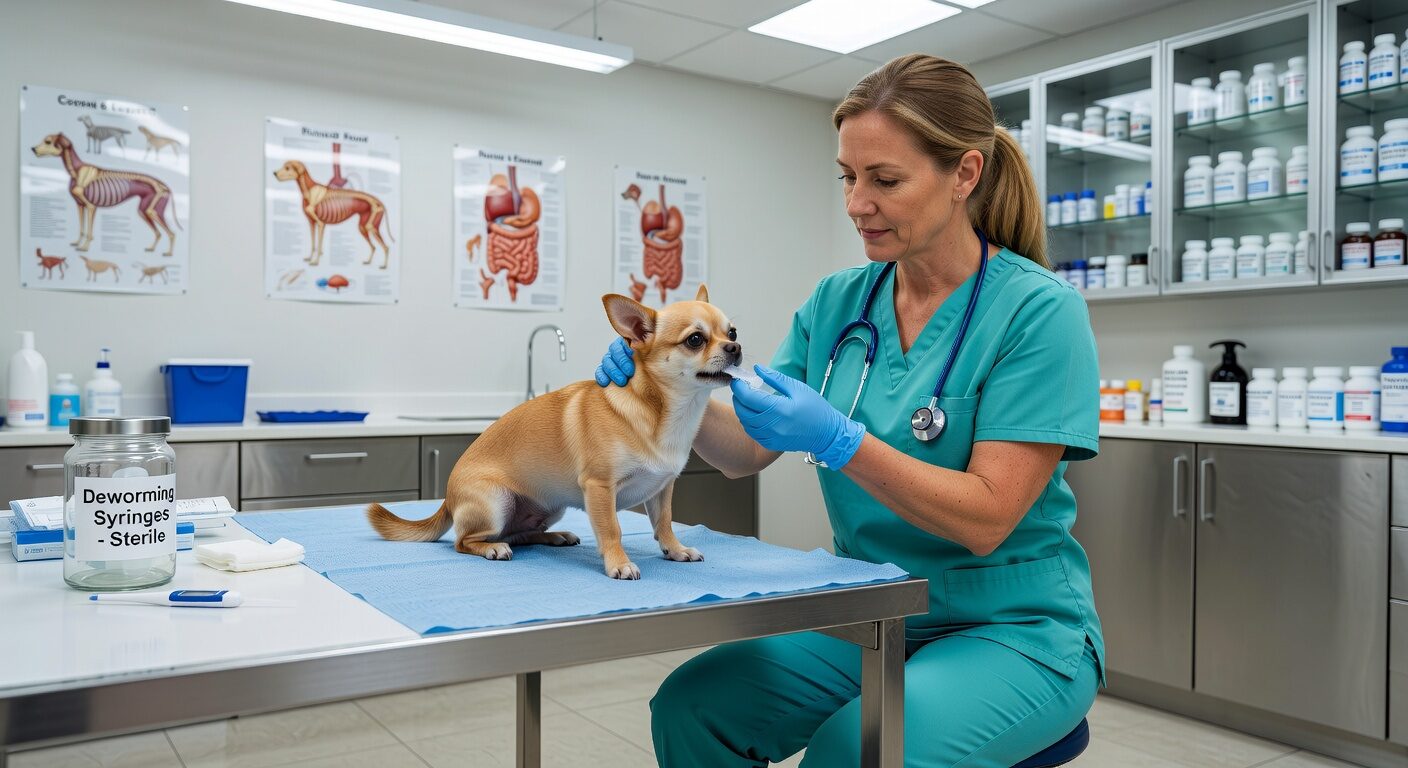 Vet administering deworming to chihuahua