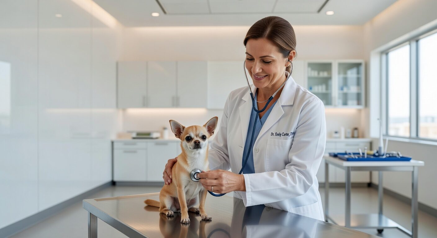 Veterinarian examining a chihuahua at a clinic