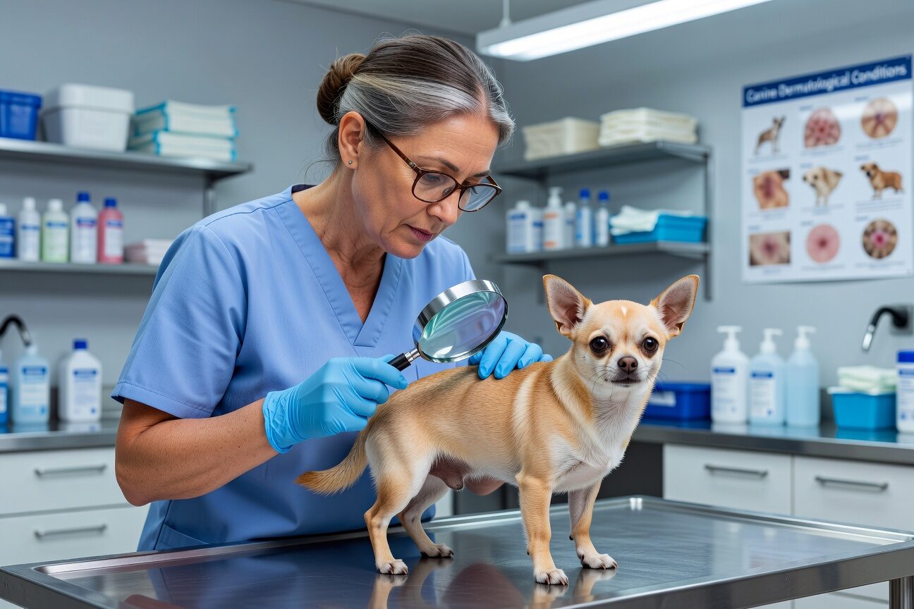 Vet examining chihuahua skin condition Vet examining chihuahua skin condition