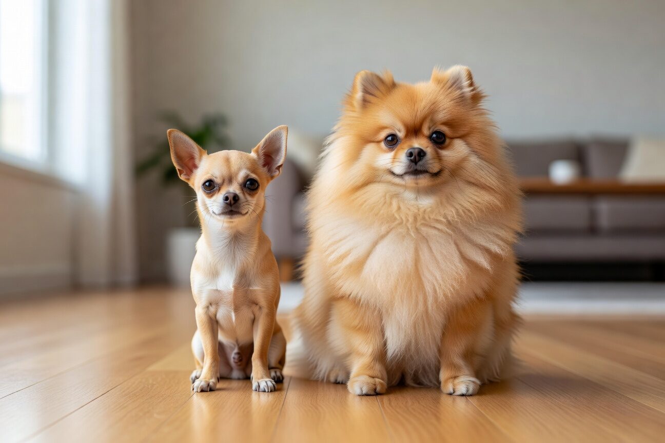 Chihuahua next to pomeranian comparison