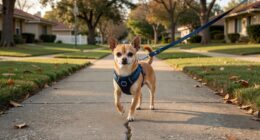 Chihuahua walking on sidewalk with harness