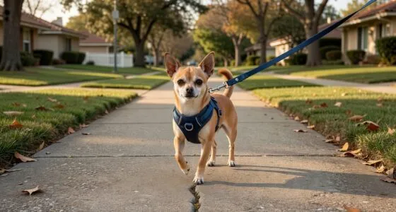 Chihuahua walking on sidewalk with harness