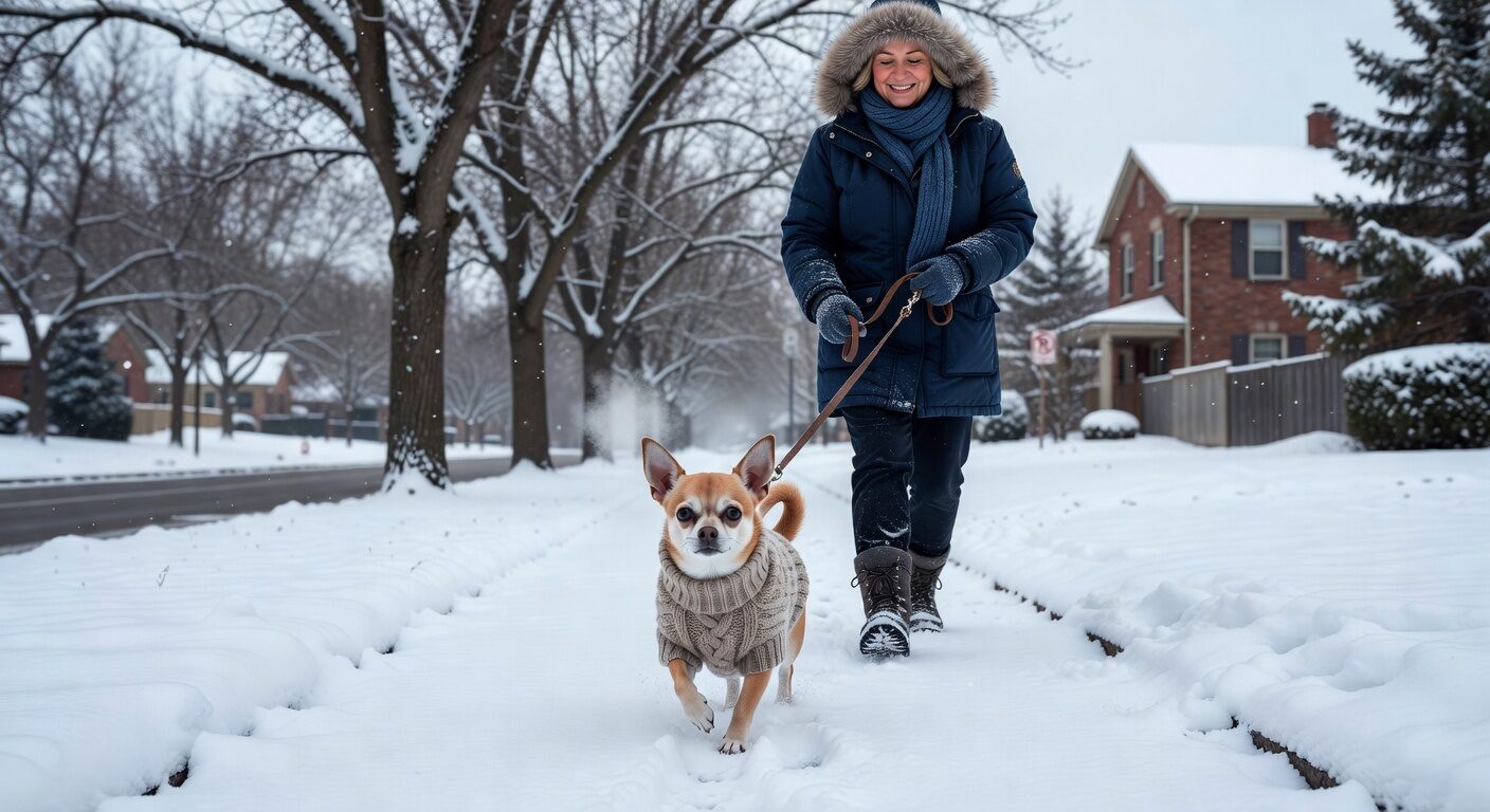 Chihuahua in sweater on winter walk