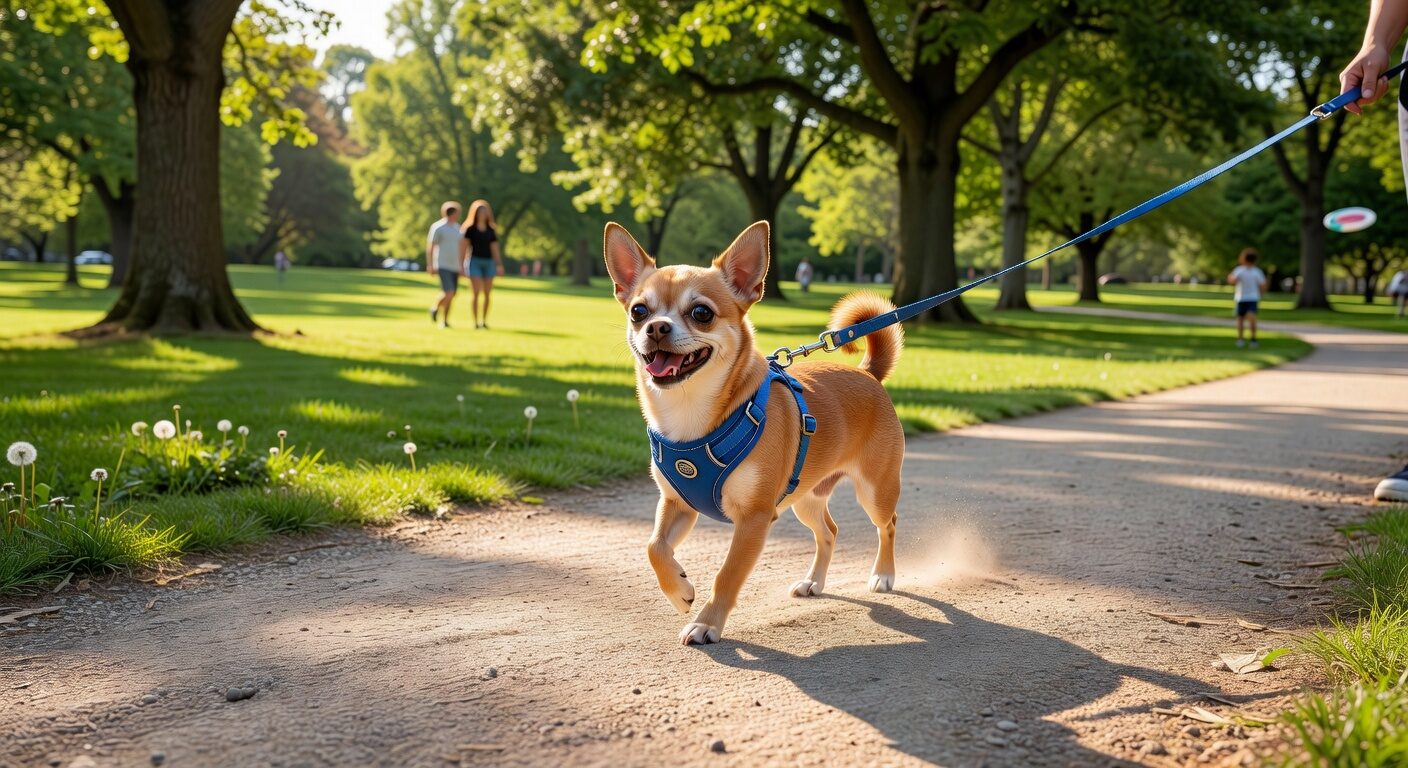 Chihuahua walking comfortably with harness in park