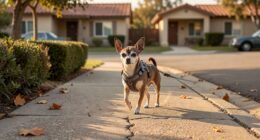 Chihuahua walking on sidewalk with harness