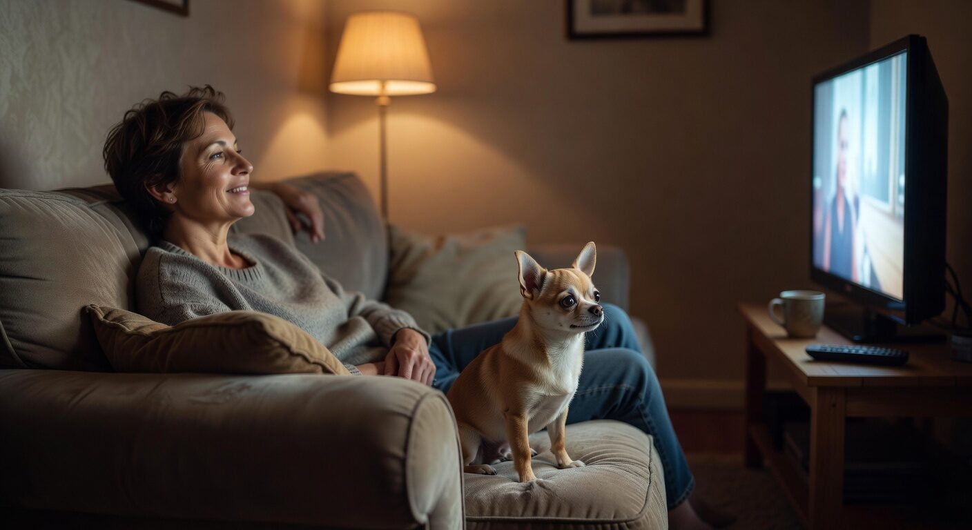 Chihuahua watching TV with owner