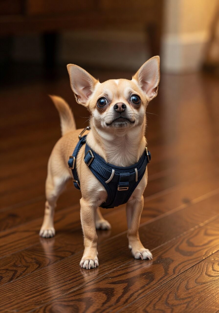 Chihuahua wearing a properly fitted step-in harness