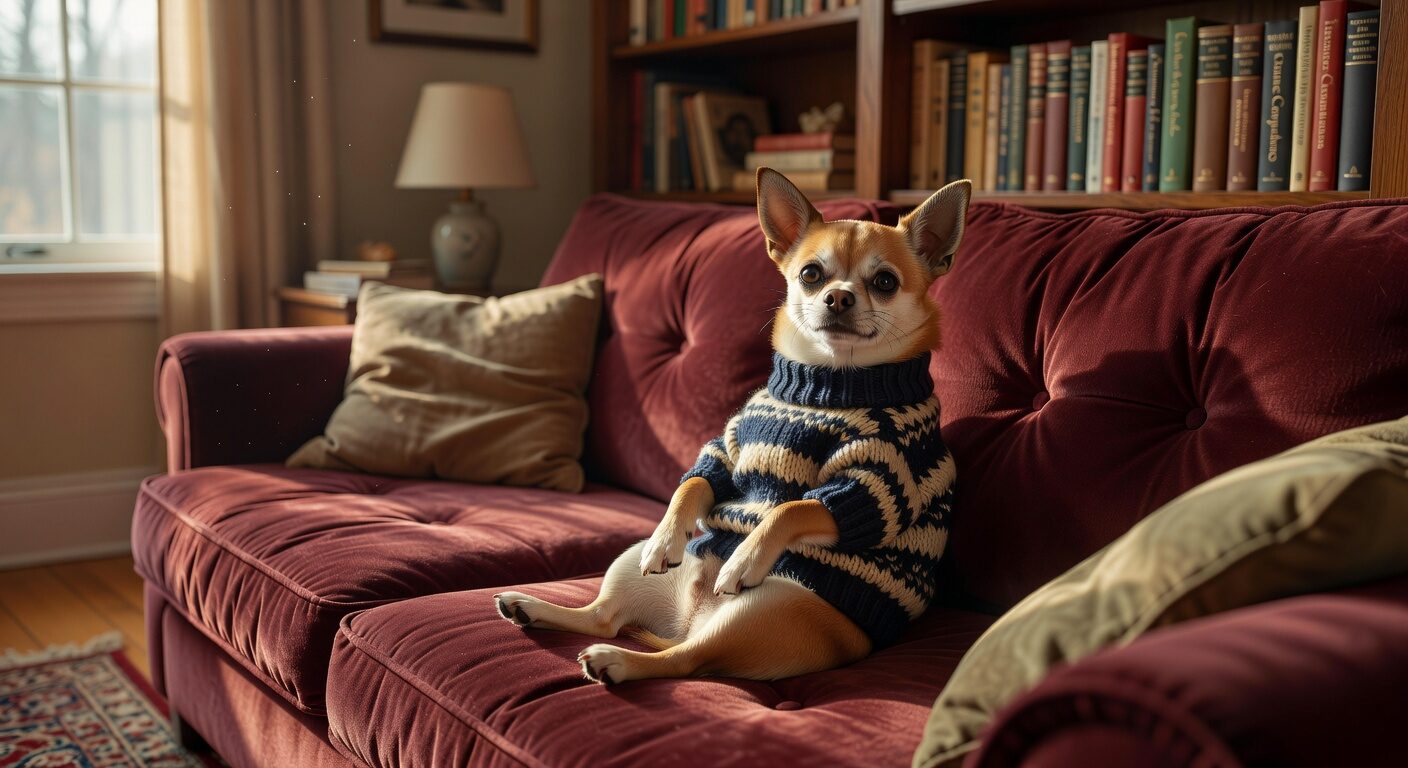 Chihuahua in sweater sitting like a person