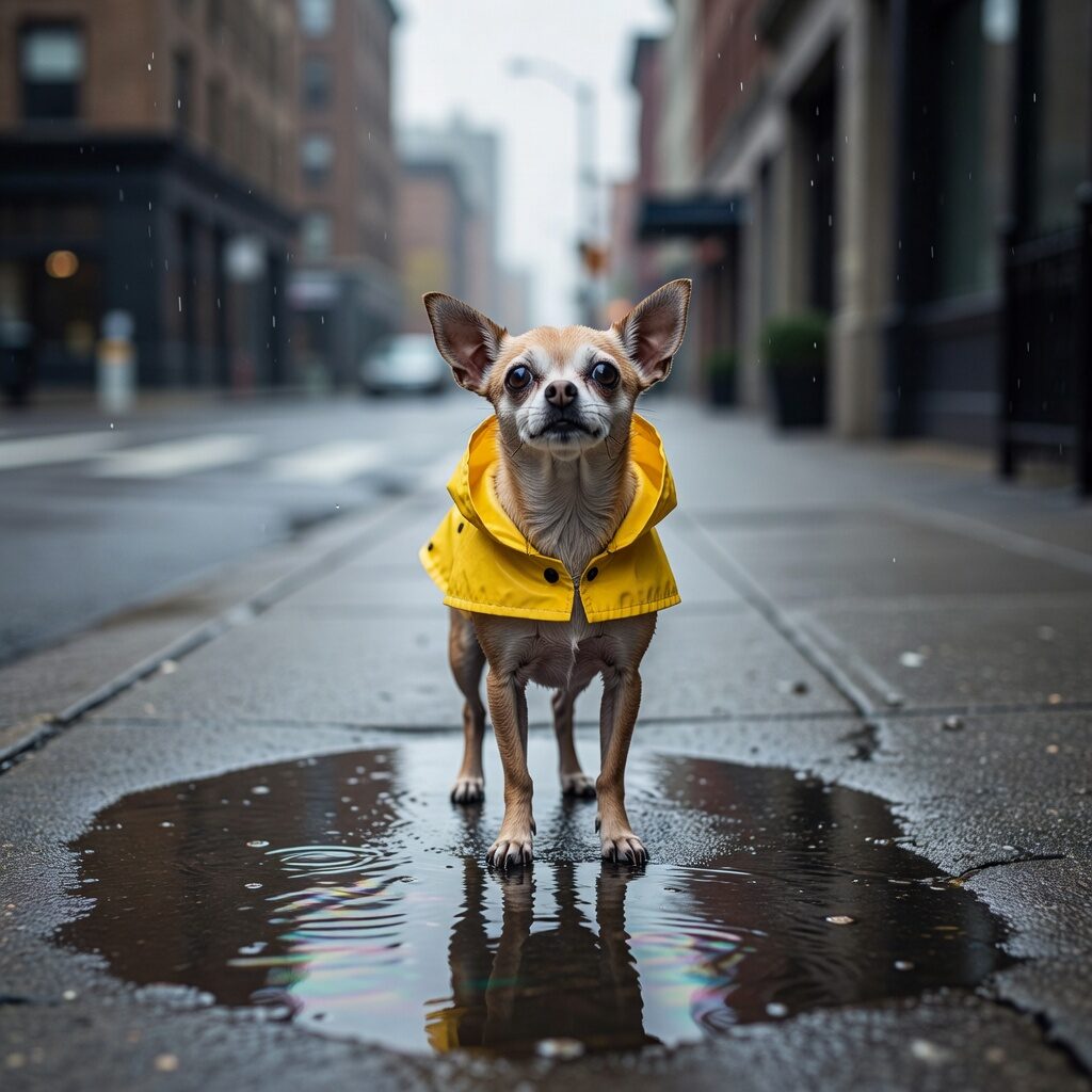 Chihuahua wearing a practical raincoat on a rainy day