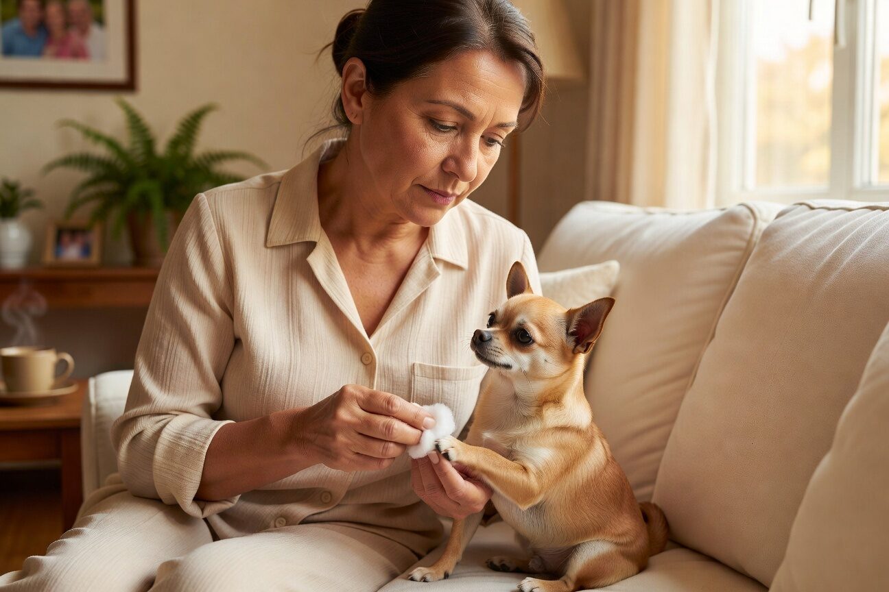 Owner cleaning chihuahua paw wound