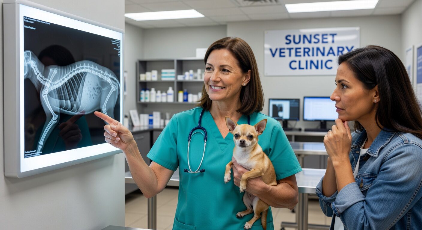 Vet reviewing chihuahua hip xray