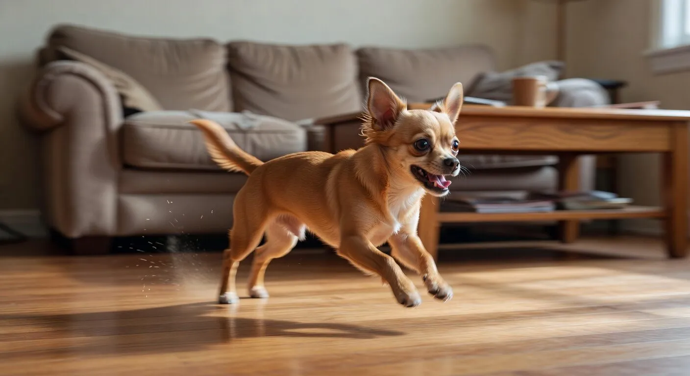 Chihuahua doing zoomies in living room