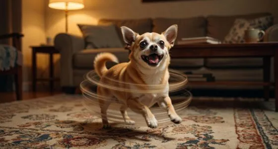 Chihuahua spinning in circles with zoomies on carpet