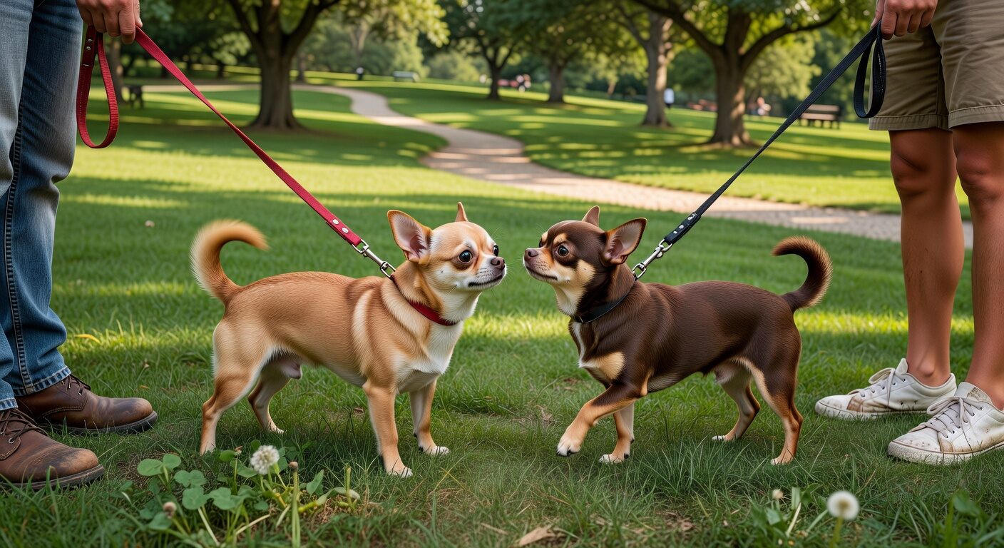 Two chihuahuas meeting on leash during a walk