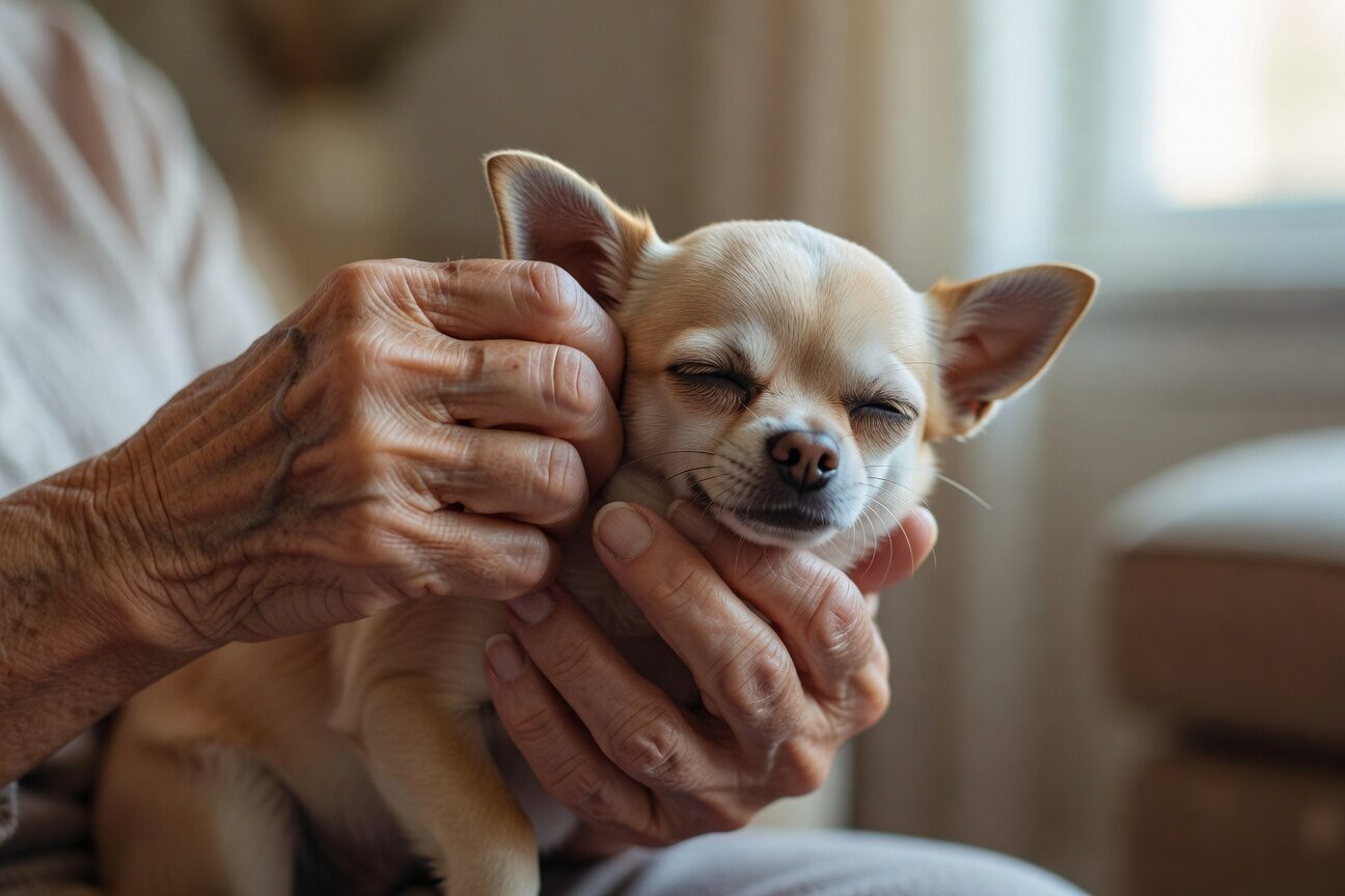 Elderly hands gently holding a chihuahua therapy dog