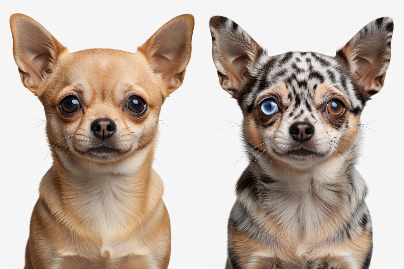 Fawn chihuahua next to merle chihuahua showing coat differences Fawn chihuahua next to merle chihuahua showing coat differences