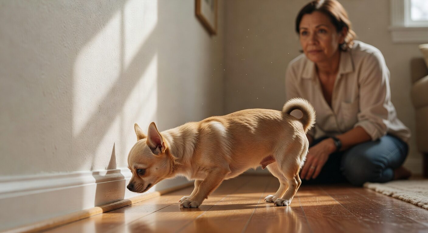Newly adopted chihuahua exploring new home for the first time Newly adopted chihuahua exploring new home for the first time