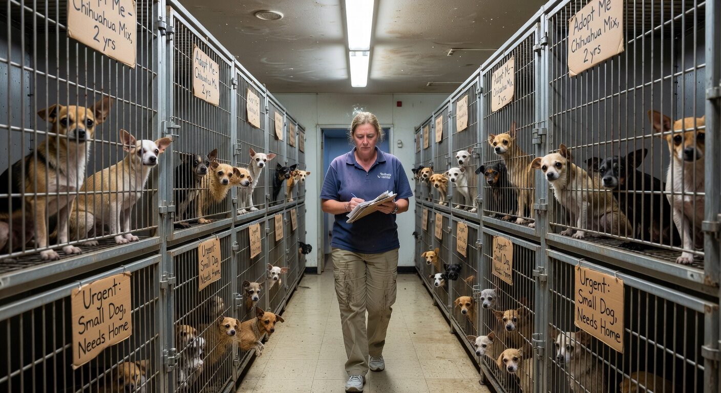 Overcrowded animal shelter with multiple chihuahuas