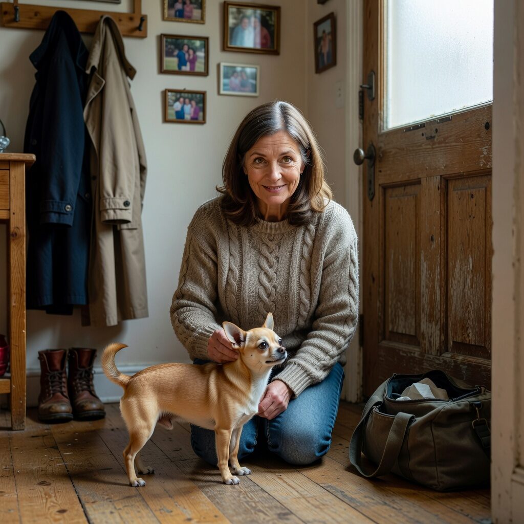 Owner calmly saying goodbye to chihuahua to help with separation anxiety
