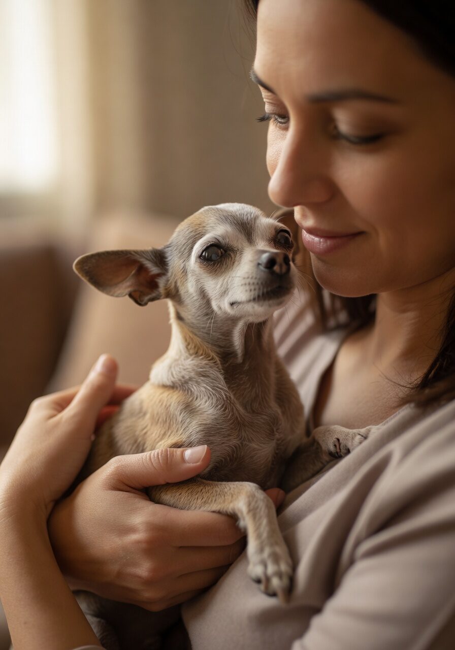 Owner lovingly holding elderly chihuahua