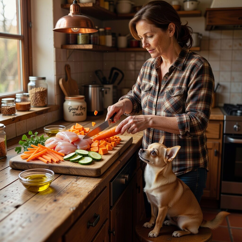 Owner preparing homemade food while chihuahua watches eagerly