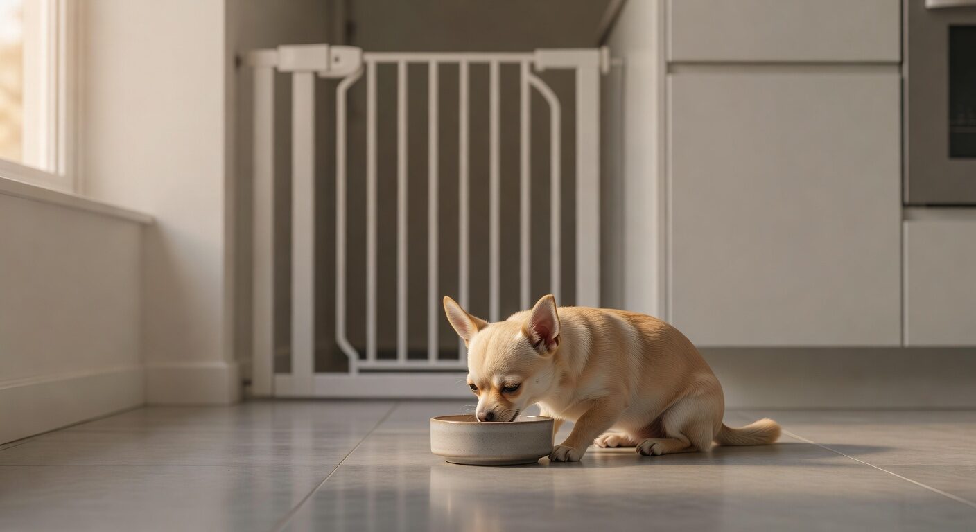 Rescue chihuahua eating in a safe designated space