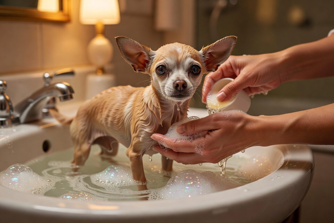 The beginning of a chihuahua survival story Emaciated chihuahua receiving first bath after being rescued from abandonment