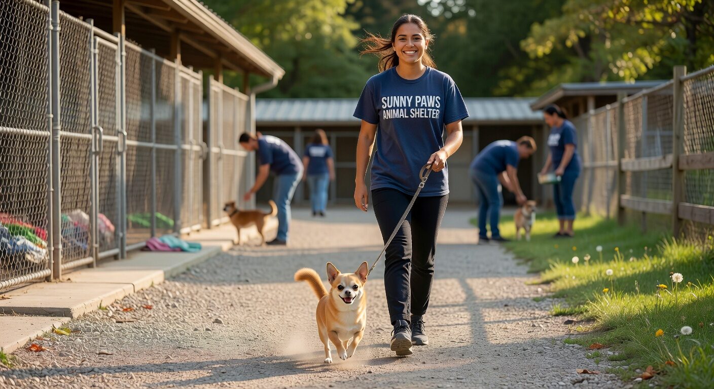 Shelter volunteer holding a chihuahua available for adoption