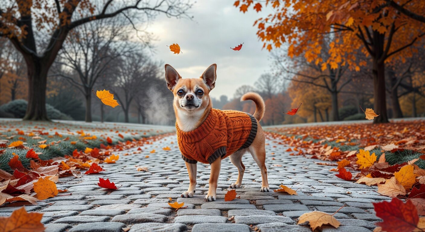 Short hair chihuahua wearing a warm sweater outdoors Short hair chihuahua wearing a warm sweater outdoors