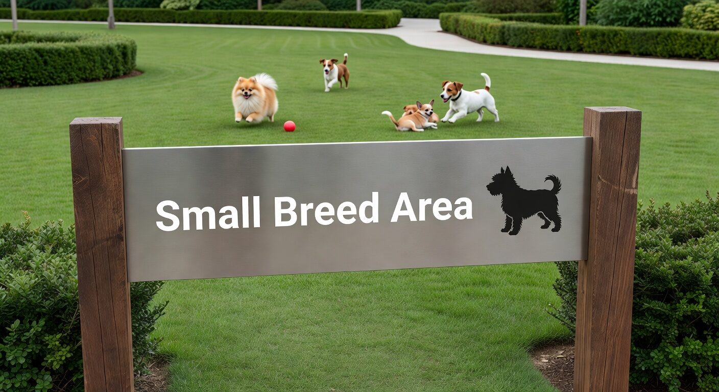 Chihuahua dog park small breed section entrance sign Sign at a dog park indicating the small breed section for dogs under 25 pounds
