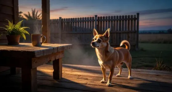 Alert chihuahua on patio at dusk