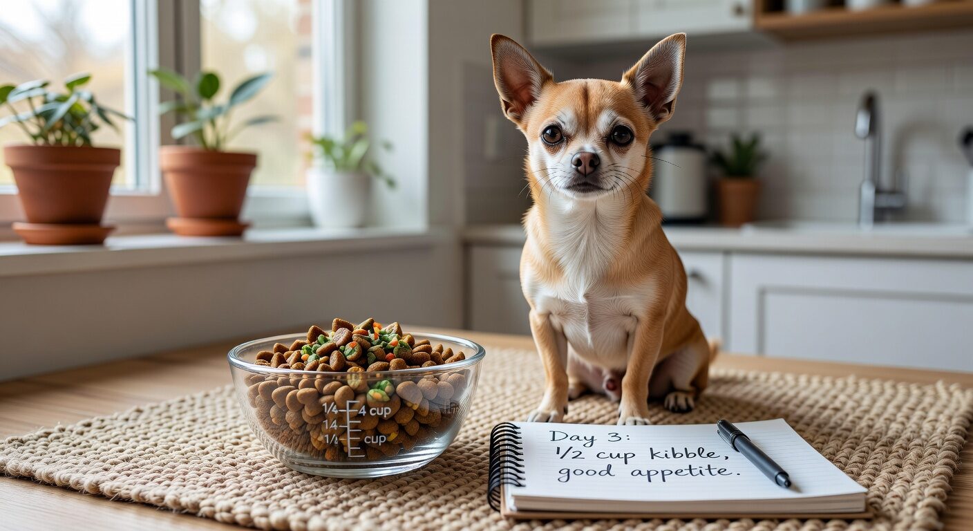 Chihuahua with healthy portioned meal