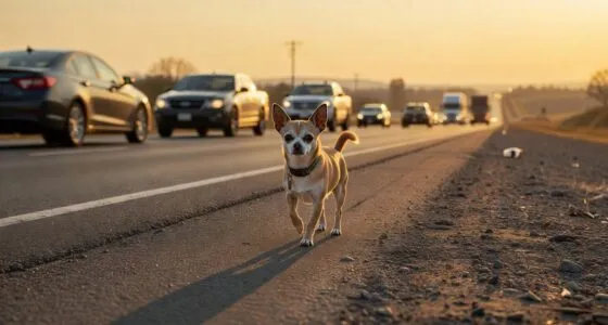 Determined chihuahua walking along highway shoulder
