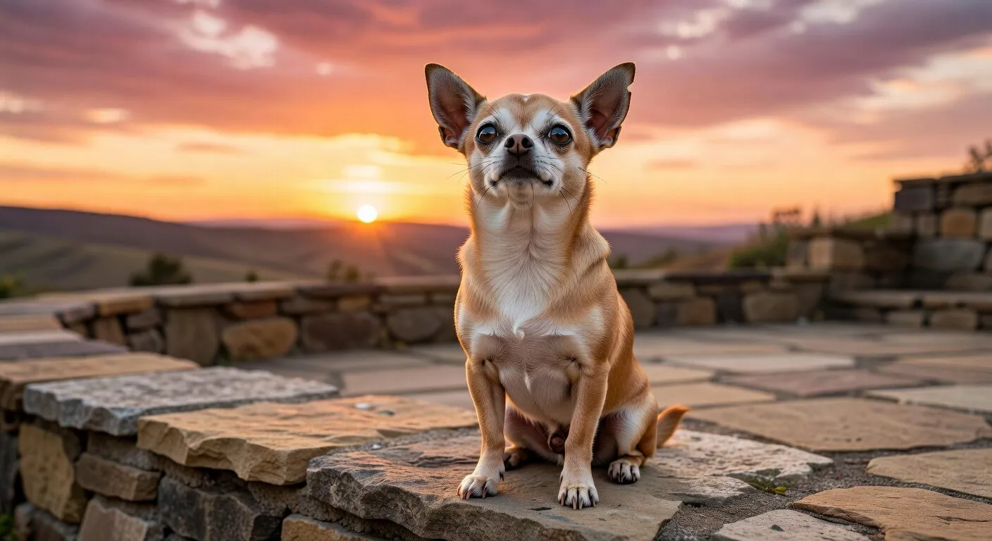 Chihuahua on patio after bravely chasing coyote from backyard Proud chihuahua sitting confidently on patio after chasing a coyote away