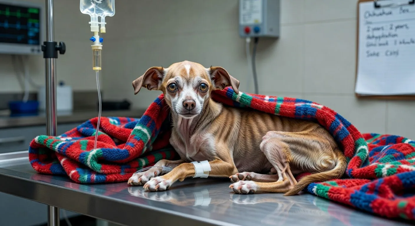 Tiny chihuahua recovering at veterinary clinic wrapped in blanket with IV