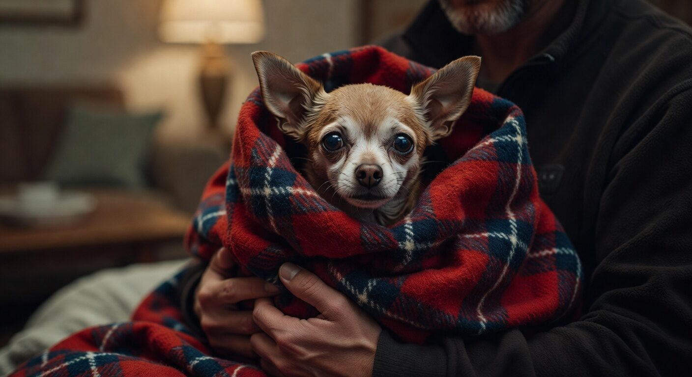 Rescued chihuahua safe in warm blanket