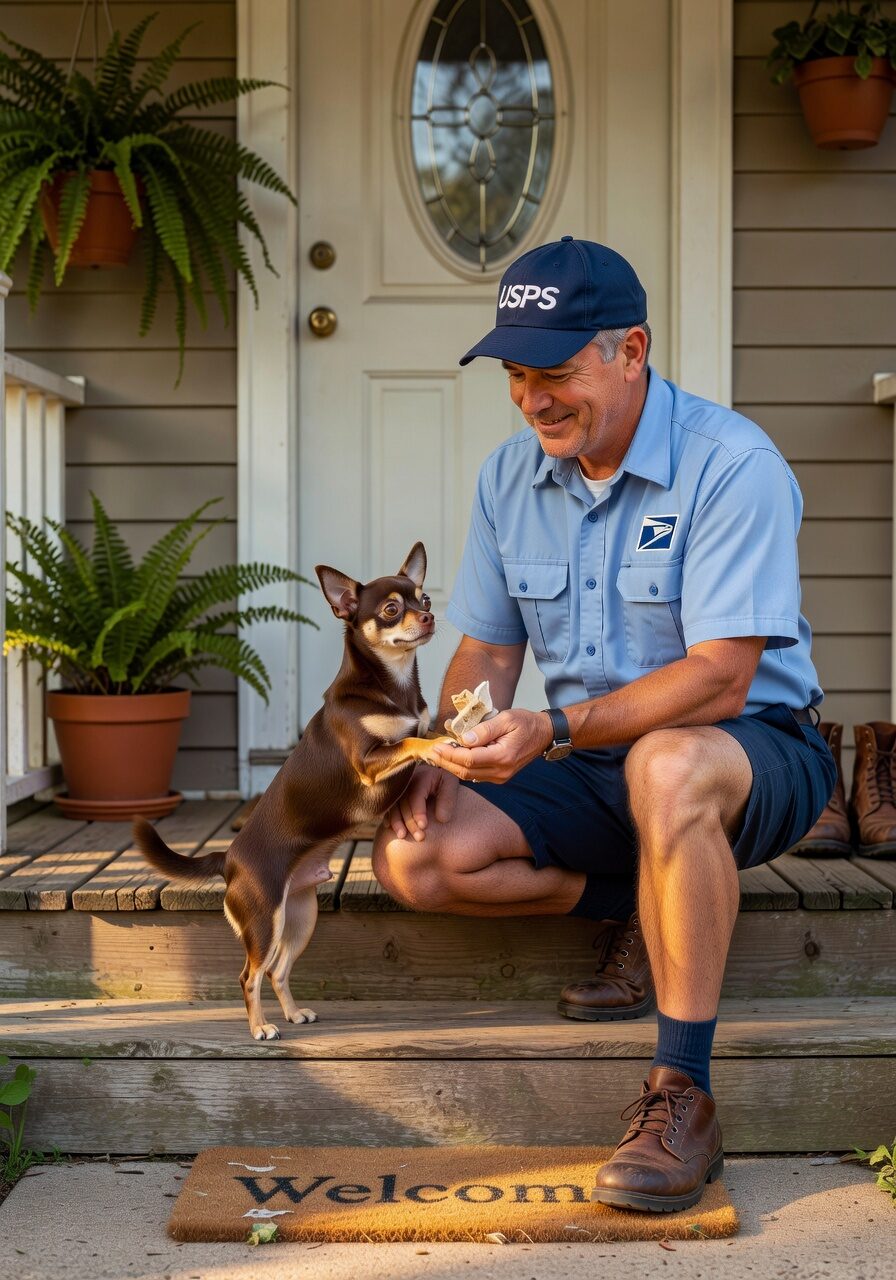 Postman giving treat to chihuahua