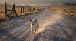 Lone chihuahua walking on country road
