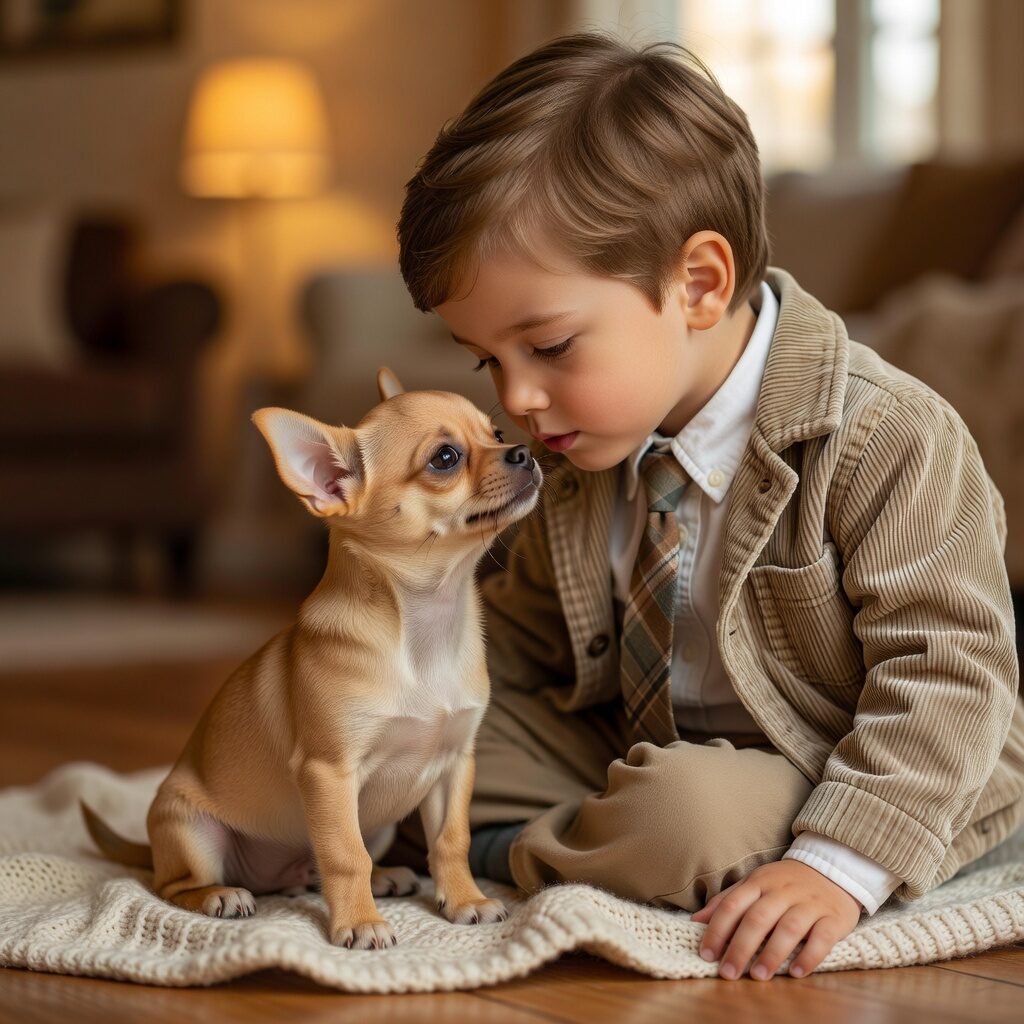 Child and chihuahua puppy touching noses