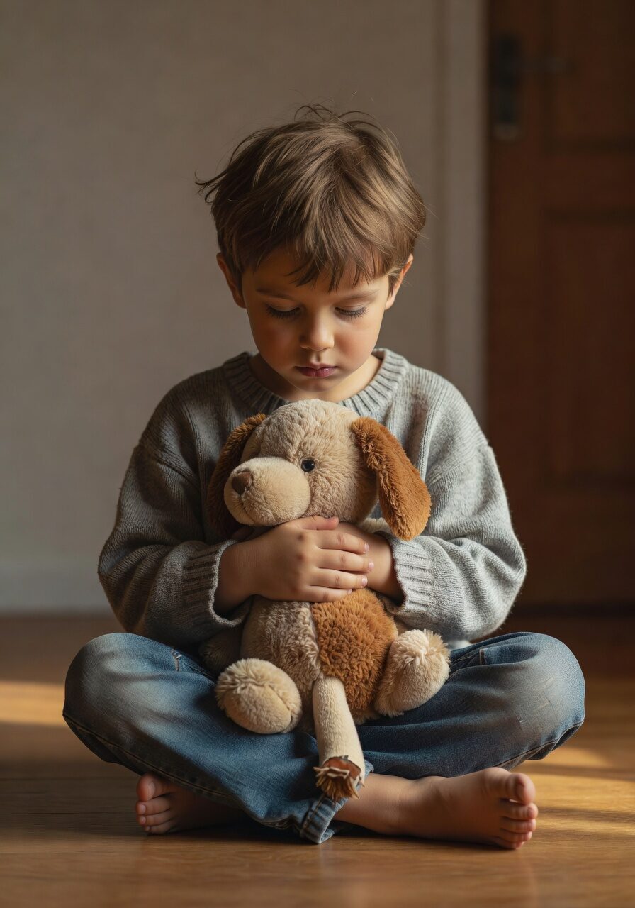Child holding dog toy remembering pet