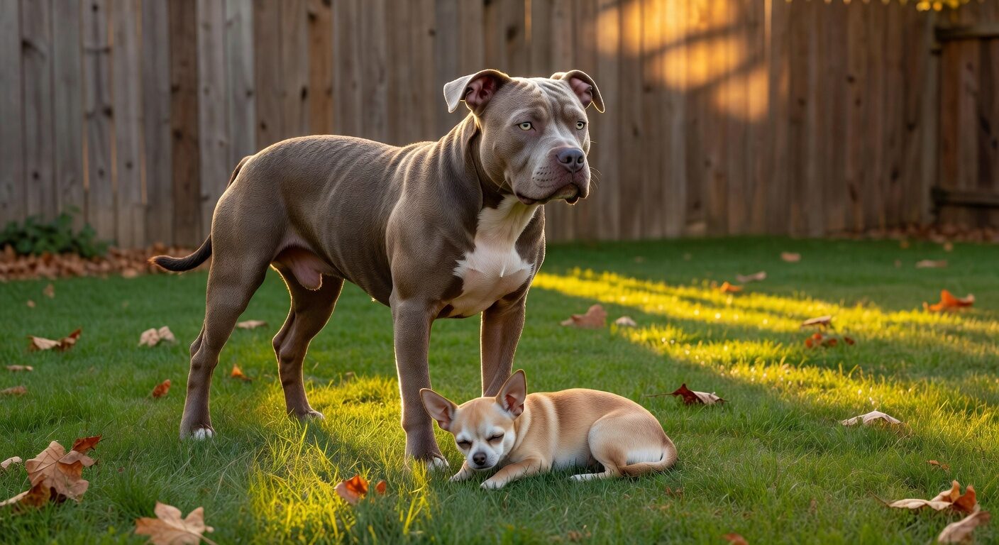 Pitbull standing protectively over chihuahua