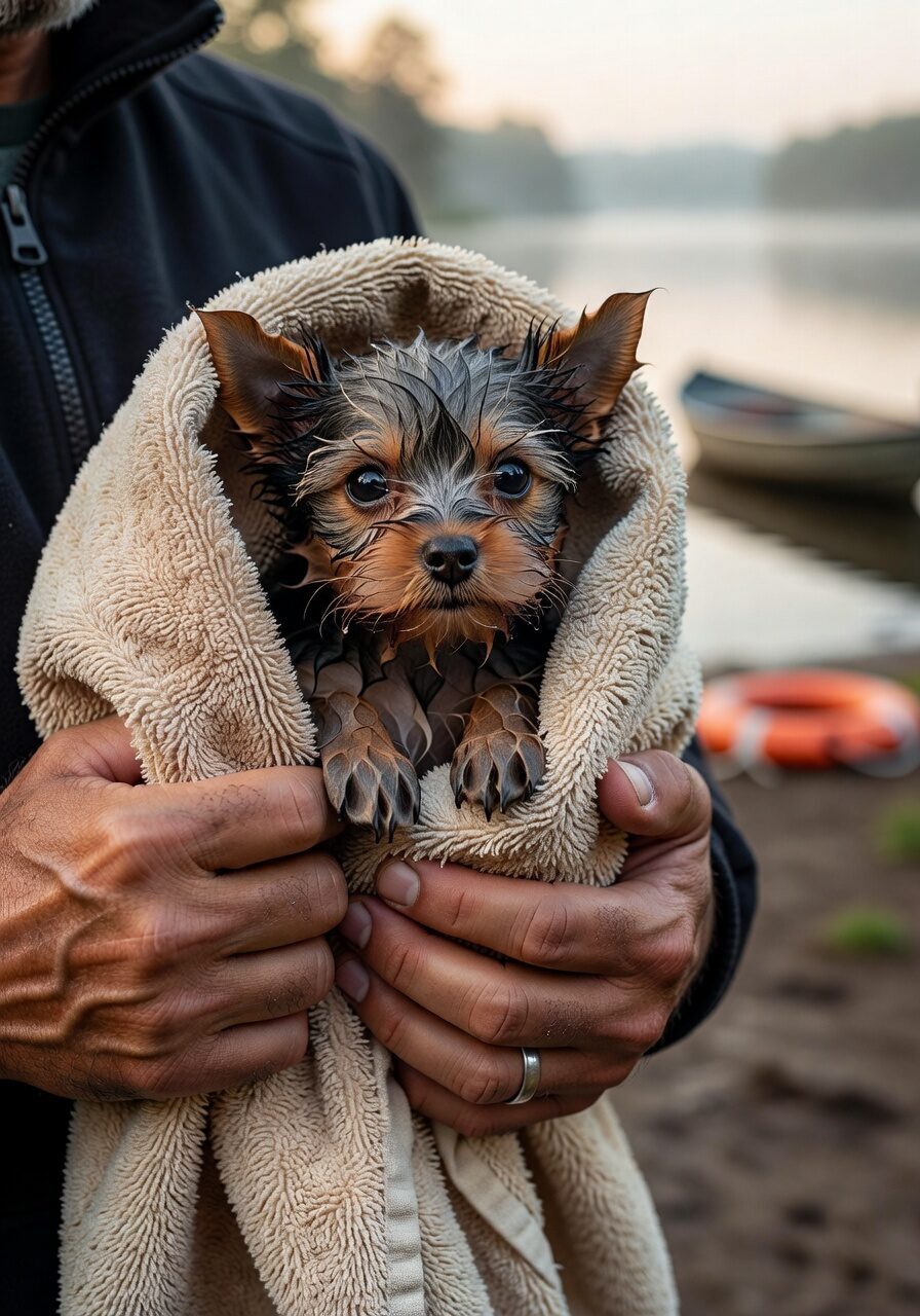 Rescued dog being comforted in warm towel