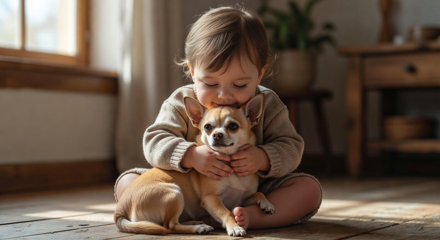 Toddler hugging chihuahua with pure love