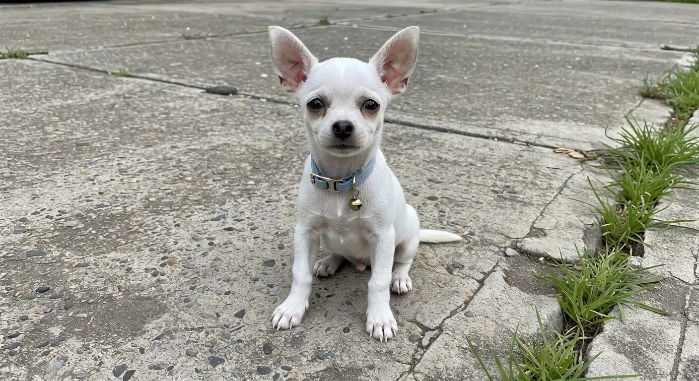 White chihuahua puppy with blue collar sold as teacup on Craigslist