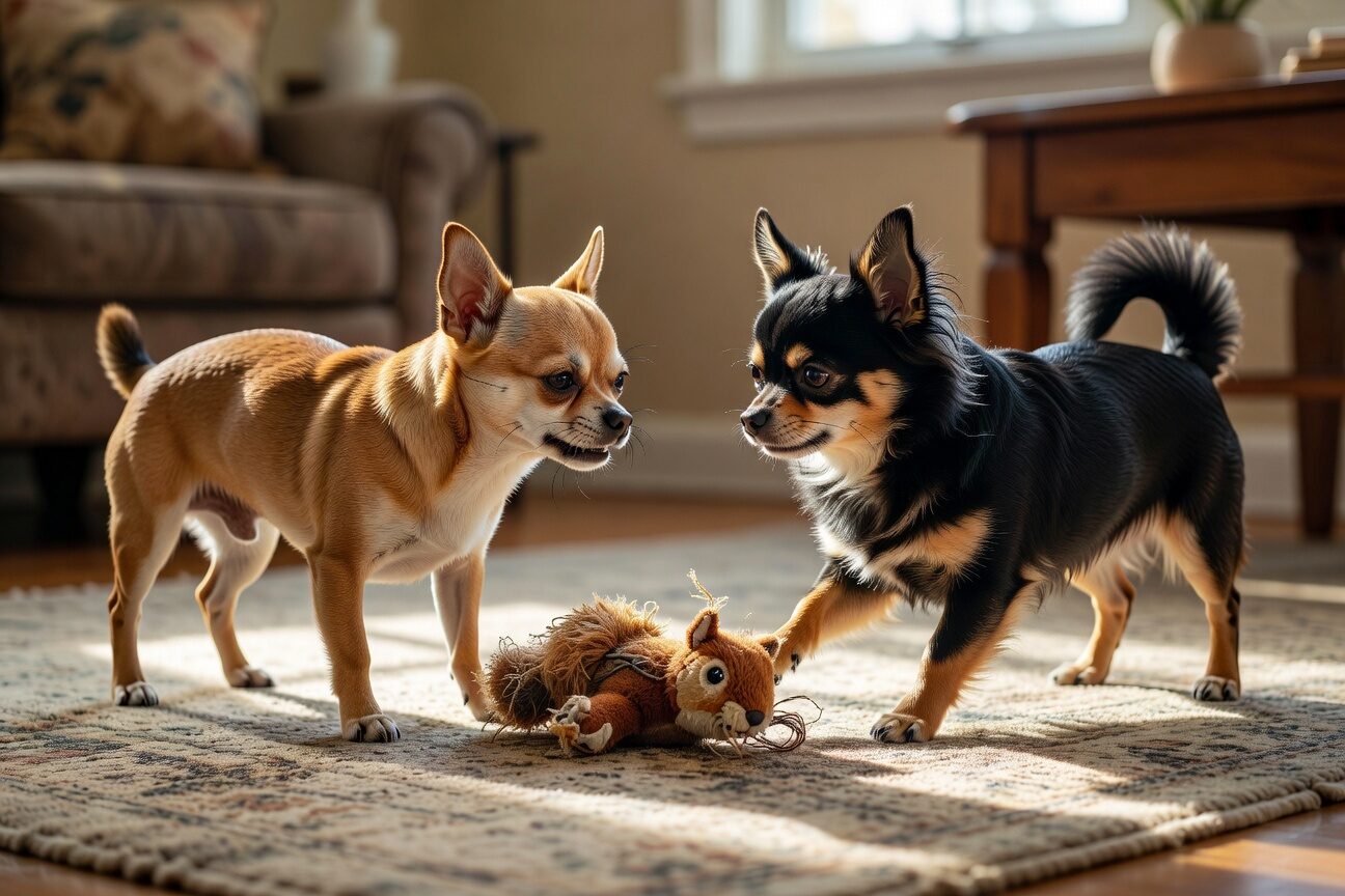 Two chihuahuas showing resource guarding behavior